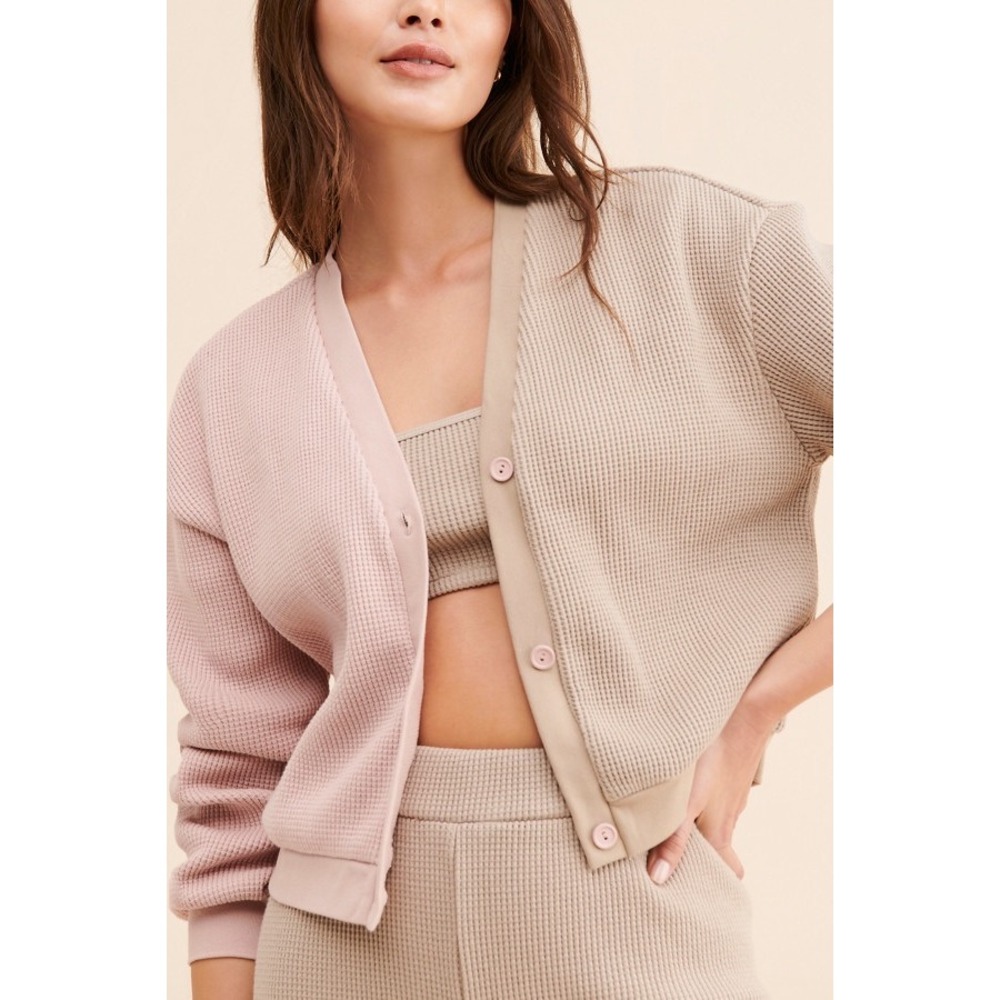 Onia Colorblock Waffle Knit Cardigan Pink Tan Cropped Sweater S/P